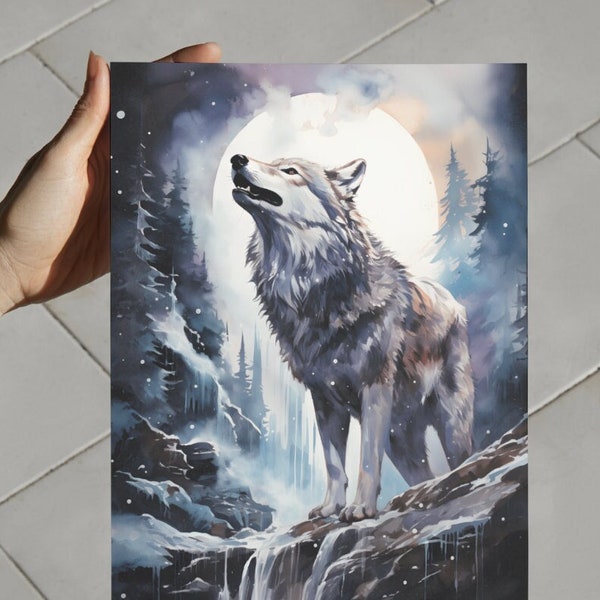Wolf motif in the full moon as a watercolor poster for self-printing, living room art wall, bedroom wall decor, children's room wallpaper
