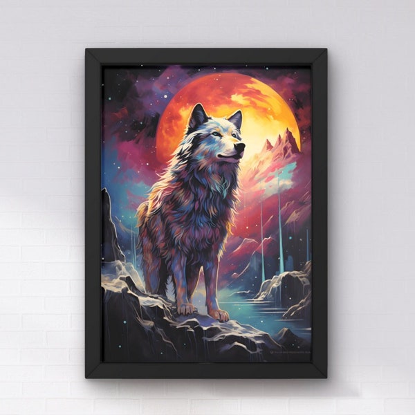 Wolf in the Moonlight Watercolor Poster Print, Living Room Art Wall, Bedroom Wall Decor, Children's Room Wallpaper - Poster Din A3