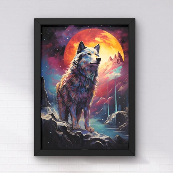 Wolf in the neon moon as a watercolor poster for self-printing, living room art wall, bedroom wall decor, children's room wallpaper - digital