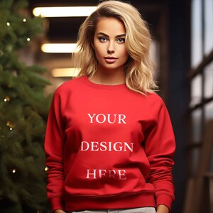 Christmas Red Sweatshirt Mockup, Red Gildan 18000 Mockups, Christmas Sweatshirt Mock ups, Young Woman Sweatshirt Mockup, PSD Smart Object