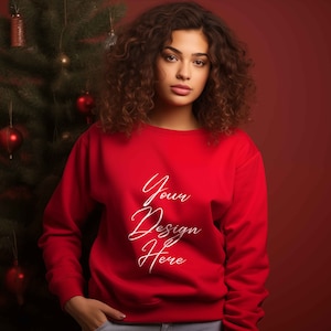 Christmas Red Sweatshirt Mockup, Red Gildan 18000 Mockups, Christmas Sweatshirt Mock ups, Young Woman Sweatshirt Mockup, PSD Smart Object