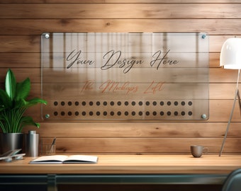 Mockup di cartello in acrilico, marchio in plexiglas trasparente, mockup di ufficio (download digitale)