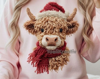 Latch Hook Yarn Crochet Highland Cow PNG, Cute Faux Yarn Highland cow, Cozy Christmas Sublimation Design for T-Shirts, Digital Download