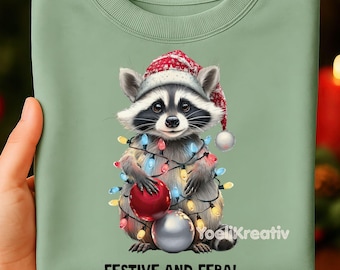 Festive and Feral Raccoon PNG, Funny Christmas Raccoon design for apparel, Downloadable PNG