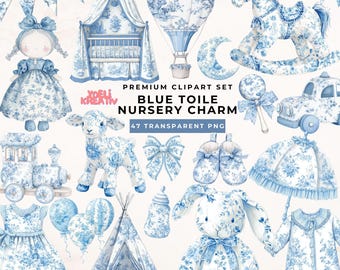 Toile de Jouy Nursery PNG, Blue Toile Vintage French Baby Shower Clipart set, Watercolor Floral Chinoiserie, It’s a Boy Baby Shower