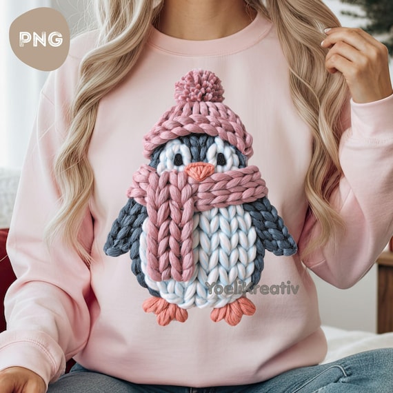Faux Yarn Penguin PNG, Penguin Yarn Crochet Design Christmas Sublimation for T-Shirts, Digital Download
