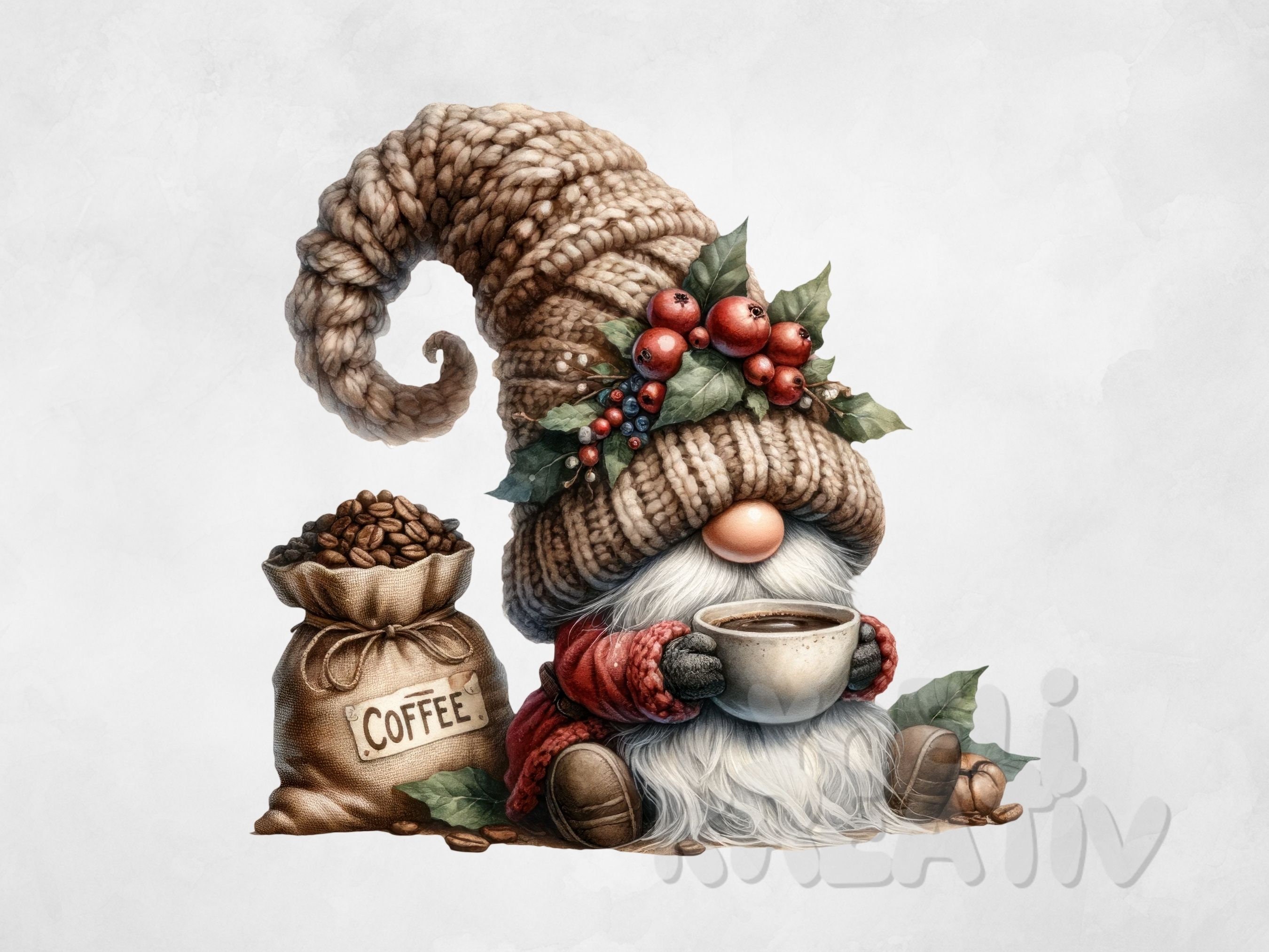 Watercolor Coffee Gnome PNG Coffee Beans Gnome Clipart Cute Gnome
