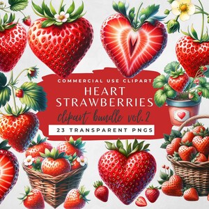 Morangos Coração Clipart Aquarela Morangos Clipart Valentine Clipart Element Cute heart clipart Strawberry heart PNG Bundle
