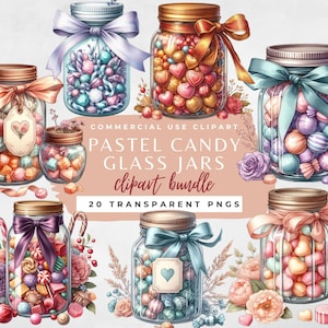 Jars of sweets Clipart, Candy Heart Jar PNG, Pastel Candy Jar, Candy Heart Clipart, Watercolor Jars PNG Glass Jars, Valentine&#39;s Candy PNG