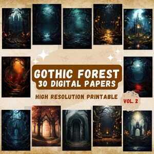 May include: A set of 30 digital papers featuring dark, gothic forest scenes. The papers are high resolution and printable, perfect for crafting and design projects. The images feature trees, paths, and castles in a variety of styles.