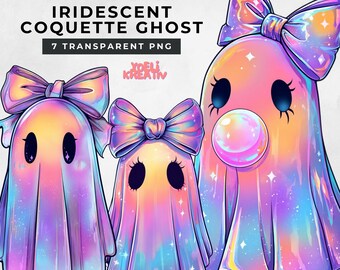 Iridescent Ghost Clipart, Kawaii Pastel Ghost with Bow and Bubblegum, Cute Rainbow Halloween Illustration for T-shirt, Girly Halloween PNG