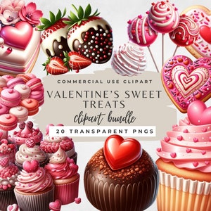 May include: A collection of 20 Valentine's Day themed clipart images featuring various sweet treats, including cupcakes, macarons, cake pops, chocolate-covered strawberries, and heart-shaped cookies. The images are all in a pink and red color scheme and have a whimsical, cartoonish style.
