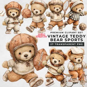 May include: A collection of vintage teddy bears engaged in various sports. The bears are depicted in outfits and gear for baseball, basketball, tennis, soccer, football, hockey, and cycling. The image includes the text "VINTAGE TEDDY BEAR SPORTS".
