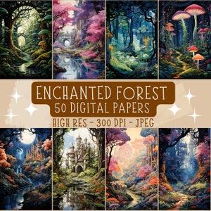 Enchanted Forest Digital Paper Printable Fantasy Mushroom Forest Mystery Forest Digital Paper for Junk Journal Scrapbooking Cards Background
