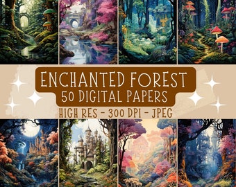 Papel digital imprimible de bosque encantado, bosque de hongos de fantasía, papel digital de bosque misterioso para diario basura, álbumes de recortes, tarjetas, fondo