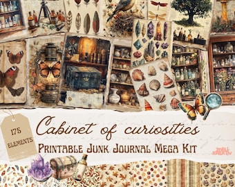 Op de afbeelding: Een printbare junk journal mega kit met 175 elementen. De kit bevat een verscheidenheid aan afbeeldingen, waaronder een kabinet van curiosa, een vogel, een telescoop, veren, kristallen, schelpen en een boom. De kit bevat ook een verscheidenheid aan patronen, waaronder bloemen, geometrische en gestreepte.