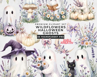 Wildflower Halloween Ghosts Clipart, Coquette Watercolor Ghost PNG, Cute Halloween Graphic, Floral Pumpkin, Pastel Lavender Ghost