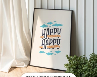 Clouds of Positivity: 'Happy Mind Happy Life' Digital Wall Art, Inspirational Quote Positive Vibes, Printable Wall Art, Clean Design