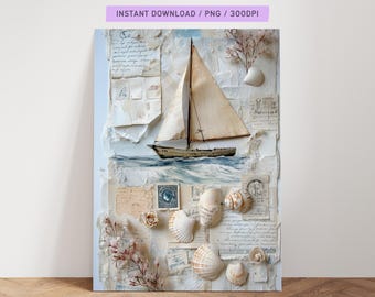 Vintage Coastal Collage Digital Wall Art - Nautical Sea Shells & Sailboat Print - Beach Aesthetic Decor - 300 DPI JPG Printable Download