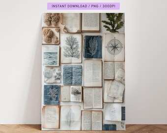 Vintage Books Nautical Wall Art – Ocean Botanical & Compass Print – Coastal Gallery Decor – Antique Style Digital JPG Poster 300DPI