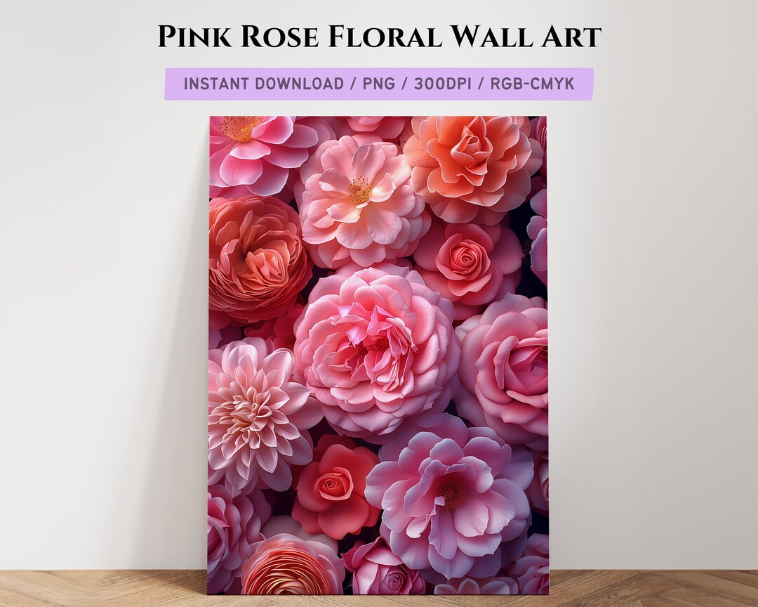Pink Rose Floral Wall Art – Elegant Digital Flower Print for Home ...