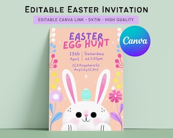 Bunny Easter Egg Hunt Invitation | Editable Canva Template (PDF Download)