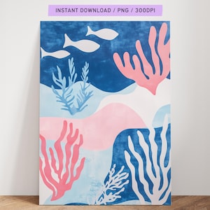 Abstract Coral Reef Printable Wall Art, Matisse Inspired Ocean Poster, Modern Coastal Decor, Pink Blue Underwater Scene, Digital Download
