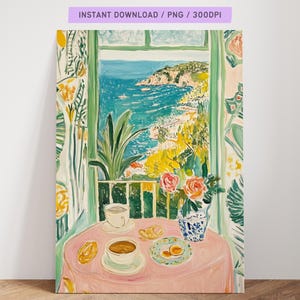 Póster digital con vista al desayuno costero, impresión artística de una cabaña en la Riviera Francesa, pintura con ventana oceánica, decoración de pared de cafetería vintage, obra de arte para cocina de verano