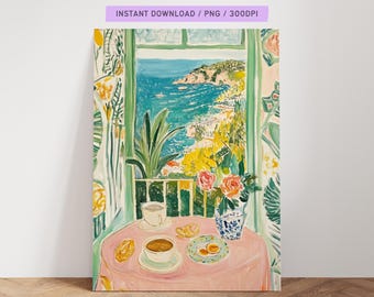 Coastal Breakfast View Art Print, French Riviera Painting (Digital Download)