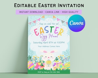 Editable Easter Egg Hunt Invitation | Cute Bunny, Pastel Theme (Canva Template)