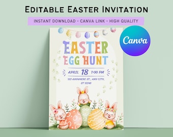 Easter Egg Hunt Invitation | Cute Bunny, Spring Theme (Digital Canva Template)