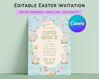Watercolor Bunny Easter Brunch Invitation | Editable Canva Template (Digital Download)