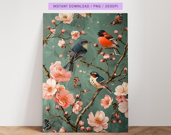Bird and Blossom Wall Art, Vintage Style Floral Poster, Spring Summer Nature Digital Print, Romantic Botanical Home Decor, Instant Download