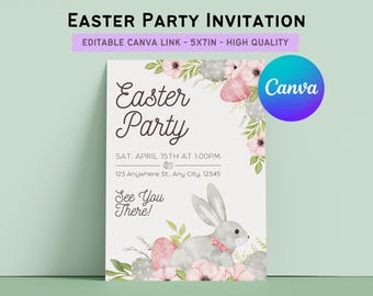 Watercolor Bunny Easter Party Invitation, 5x7 Canva Template (Digital Download)
