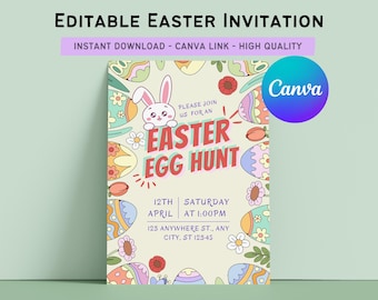 Easter Egg Hunt Invitation | Cute Bunny, Floral Design (Digital Download)