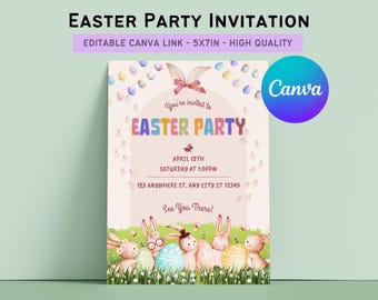 Bunny Easter Party Invitation, Editable Canva Template (Digital Download)