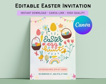 Easter Egg Hunt Invitation | Pastel Colors, Editable Canva Template (Digital Download)
