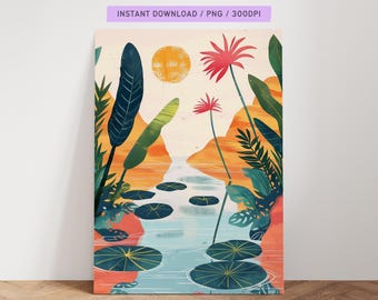 Tropical Jungle Pond Digital Wall Art – Summer Minimal Water Lily Illustration for Boho Home Decor, Digital Download Printable Poster