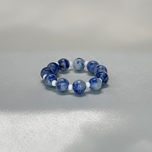 Deep Blue Stone Ring | Gift, Handmade Beaded Ring, Seed Beads, jewelry, Unique, Handcrafted, Affordable, Stackable, Wearable Art