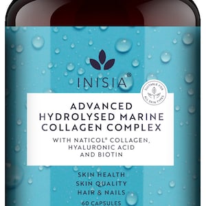 May include: A brown bottle with a silver lid containing Inisia Advanced Hydrolysed Marine Collagen Complex dietary supplement capsules. The label is blue with white text and water droplets. The label states that the supplement contains Naticol collagen, hyaluronic acid, and biotin. It is suitable for all skin types and is a 60 capsule food supplement.