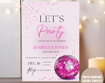 Editable Disco Party Invitation, Pink Disco, Pink Disco Party, Pink Birthday, Sweet 16 Party, Disco Invitation, Last Disco, Pink Minimalist