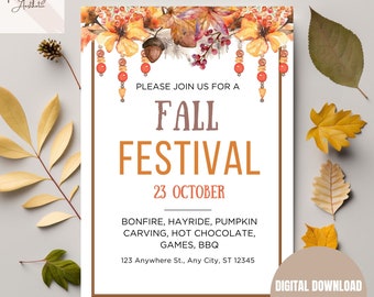 Fall Festival Invite, Fall Invitation, Harvest Festival, Fall Festival, Bonfire Party, Editable Template, Fall Foliage, Autumn, Watercolor