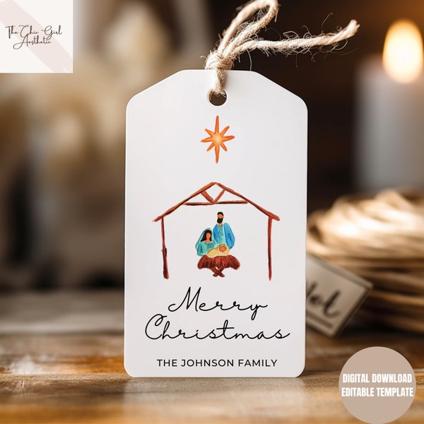 Editable Religious Gift Tag, Christmas Nativity, Nativity Tag, Christmas Tag, Manger Scene Tag, Merry Christmas Tag, Baby Jesus Holiday Tag