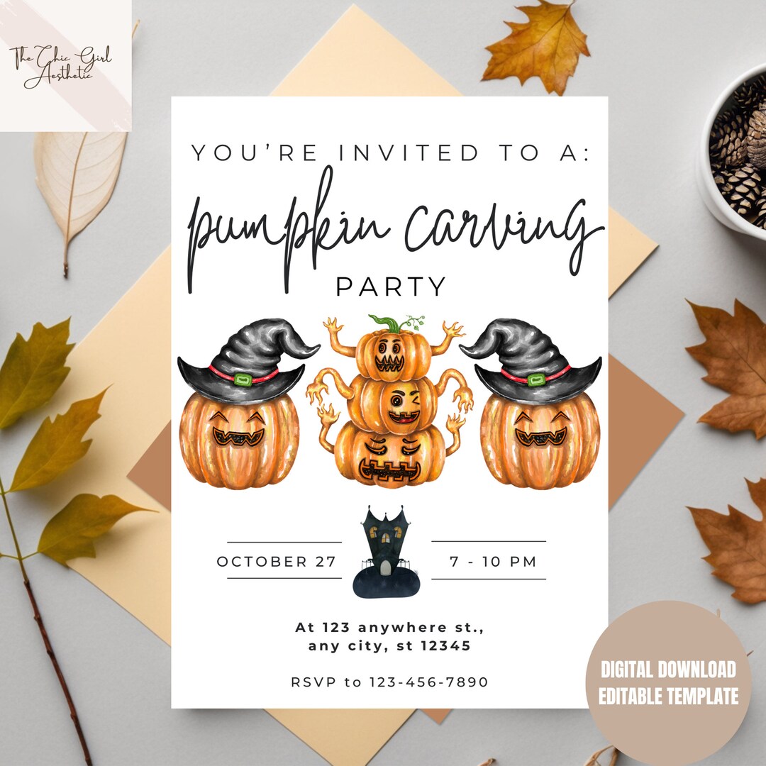 Editable Pumpkin Carving Invitation, Halloween Invite, Pumpkin Carving