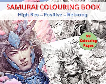 May include: Samurai coloring book with illustrations of samurai warriors. The cover features a detailed portrait of a samurai in blue armor and pink cherry blossoms. The book includes 50 coloring pages and text that reads "High Res - Positive - Relaxing."