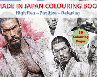 May include: A coloring book cover featuring four black and white illustrations of men's faces. The cover has the text "MADE IN JAPAN COLOURING BOOK" in red and "High Res - Positive - Relaxing" in black. The cover also has a green circle with the text "80 Colouring Pages" in white.