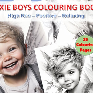 Op de afbeelding: Een kleurboek met 35 zwart-wit illustraties van kinderen met feeënvleugels. Het boek is getiteld "Pixie Boys Coloring Book" en zegt "High Res - Positive - Relaxing".