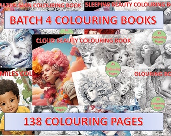 May include: A set of four coloring books featuring detailed illustrations of women with flowers and nature themes. The books are titled "Amazon Man Coloring Book", "Sleeping Beauty Coloring Book", "Cloud Beauty Coloring Book", and "Smiles Coloring Book". The set includes 138 coloring pages.