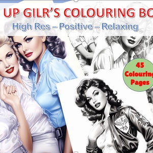 Pin up Girl&#39;s Coloring Book, adults and kids, PDF download, printable pages, Mindful, Relaxing, Positive fun