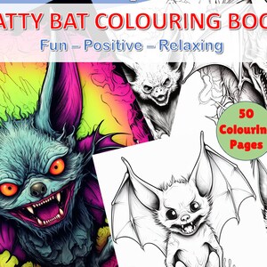 50 Batty Bat grayscale coloring pages for adults and kids, Dark/Light version in PDF download, printable, Relaxing, Positive Fun, Creepy